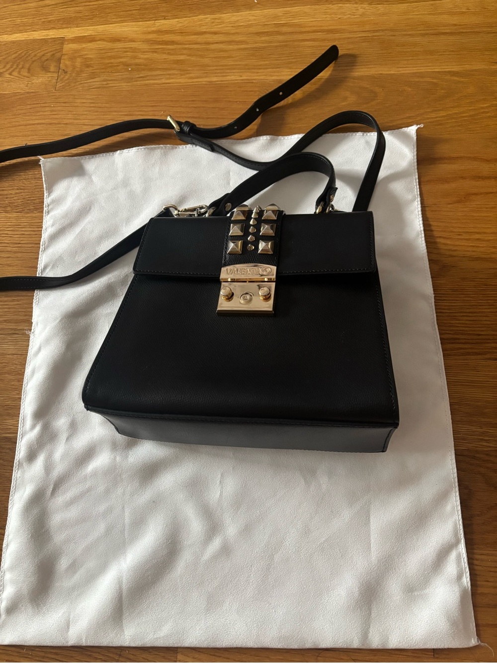 Mario Valentino Black Leather Top Handle Satchel with Gold Studs Shoulder Strap